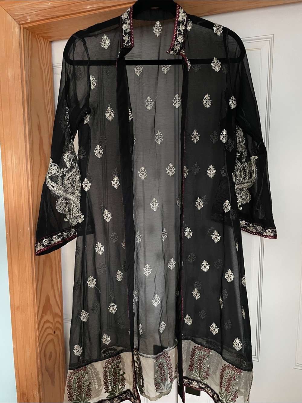 This Black Sheer Embroidered Shrug Long Robe with Metallic Accents Size Medium